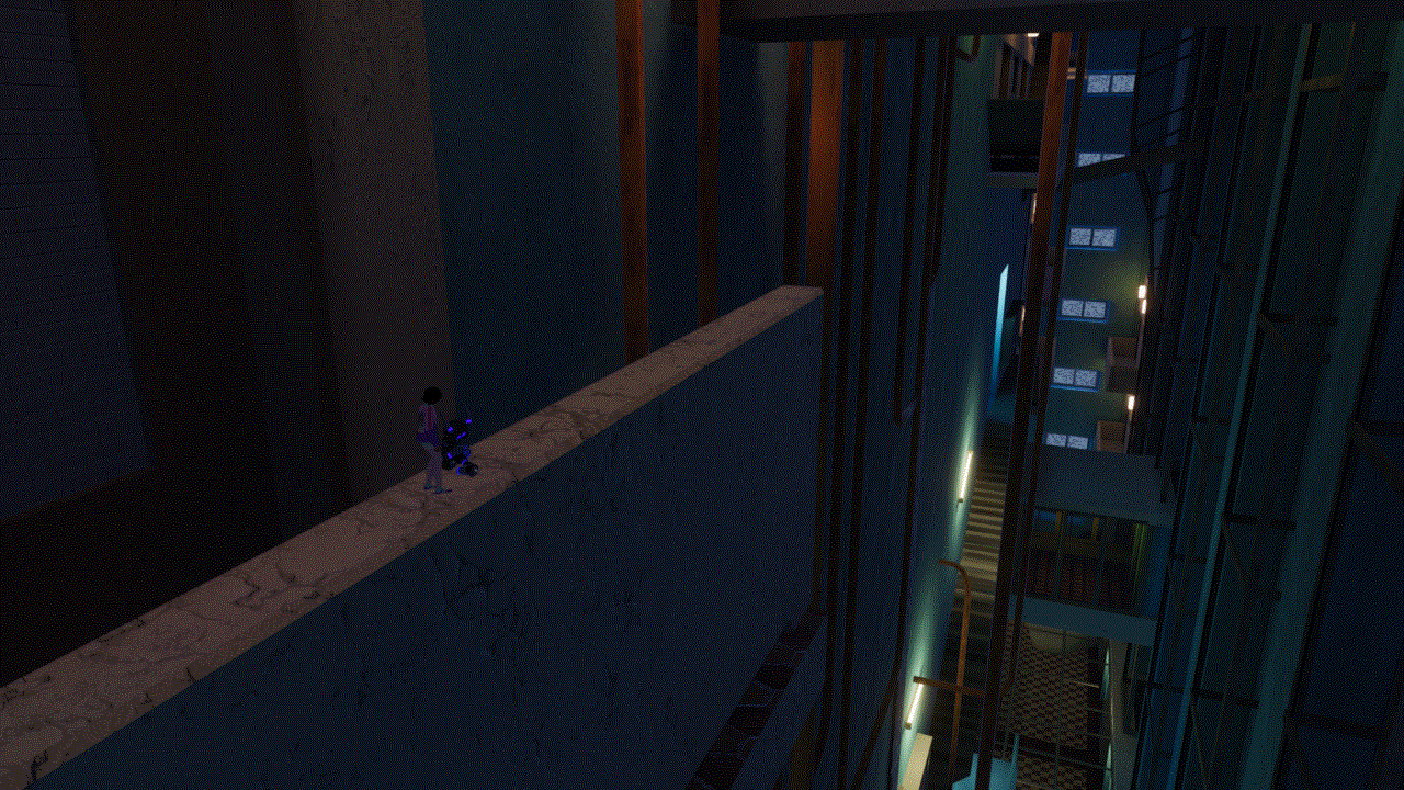 Cream and Neon hang out on a ledge overlooking the floors beneath them.