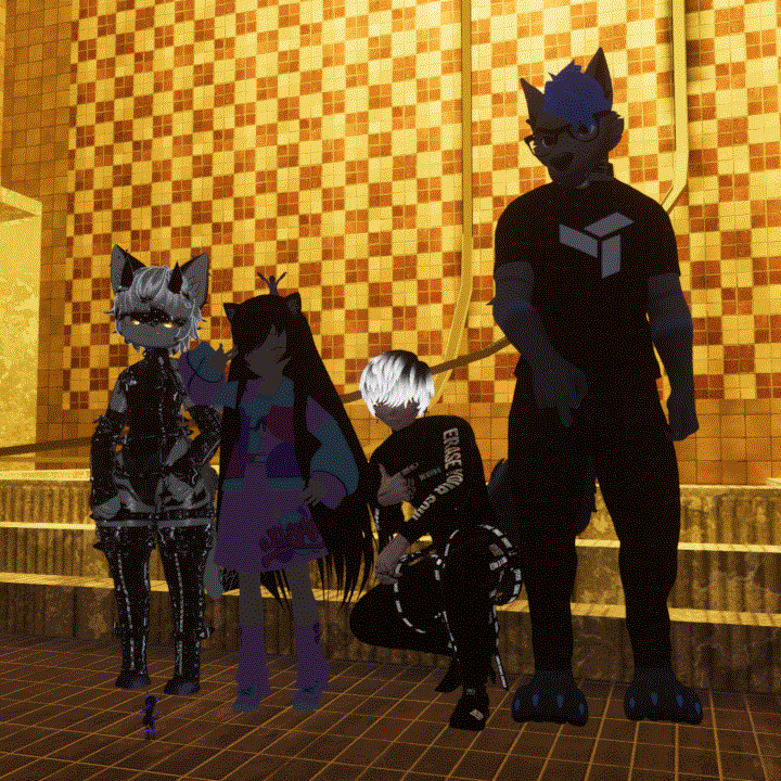 A group photo in front of a yellow tile wall.